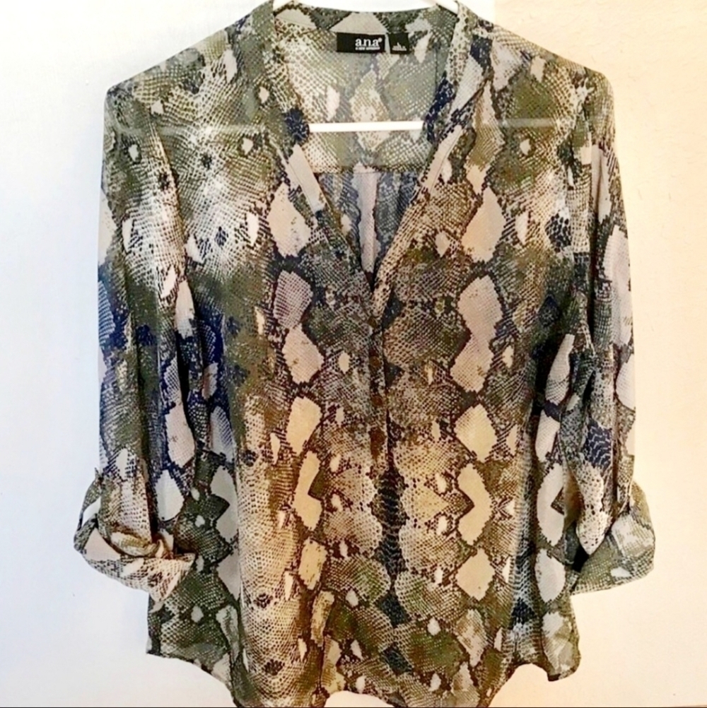 A.N.A. Snakeskin Print Sheer Henley Blouse Women's Small S Flowy Lightweight Top
